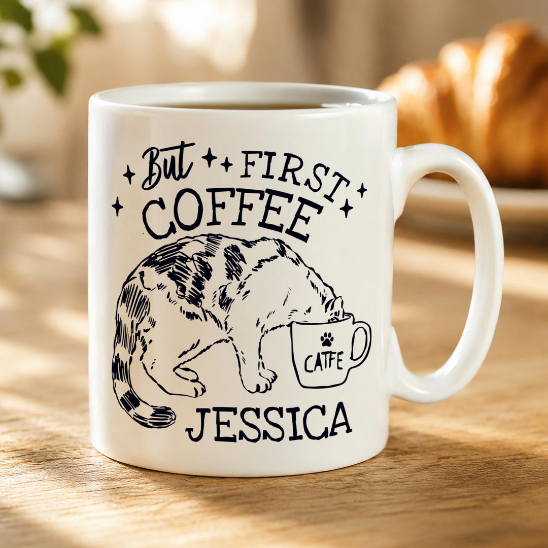 Personalised But First Coffee Cat Mug, The Personal Shop, personalised gifts