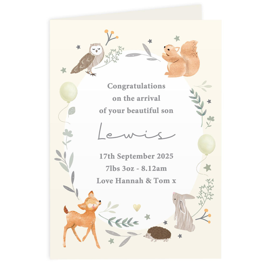 Personalised Woodland Animals New Baby Card, The Personal Shop, personalised gifts