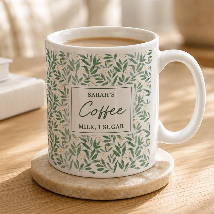 Personalised Leafy Pattern Mug, The Personal Shop, personalised gifts