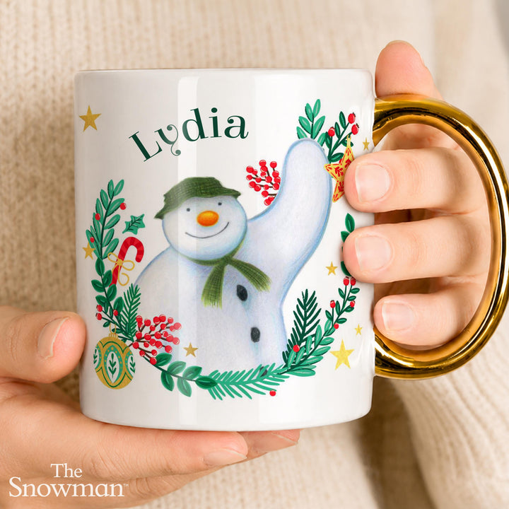 Personalised The Snowman Gold Handle Christmas Wishes Mug
