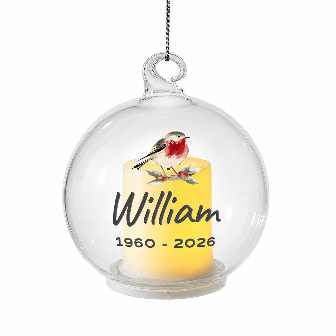 Personalised Robin Memorial LED Candle Glass Bauble, The Personal Shop, personalised gifts