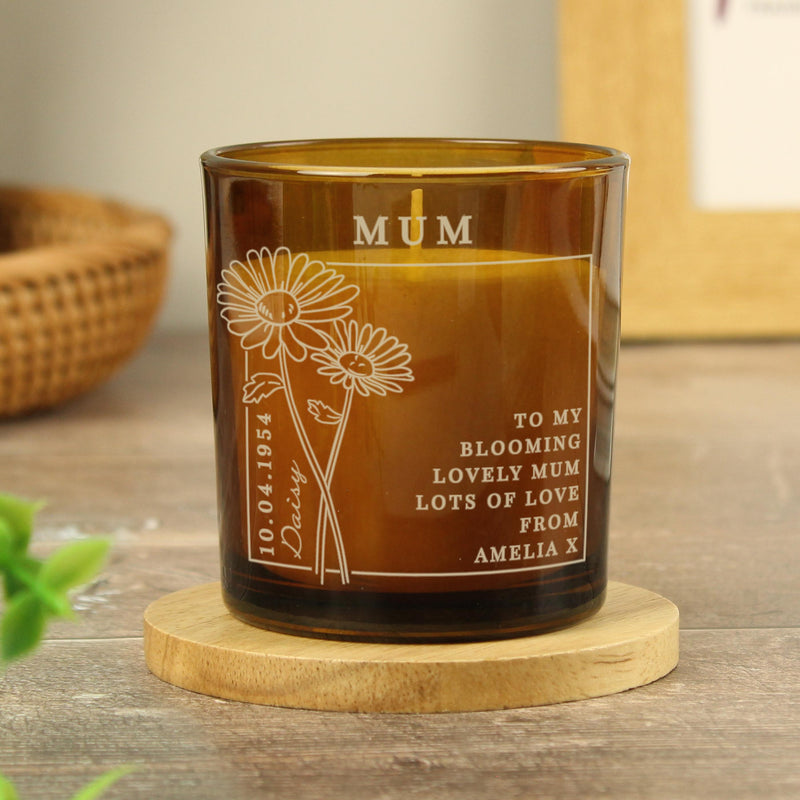 Personalised April Birth Flower Amber Glass Candle