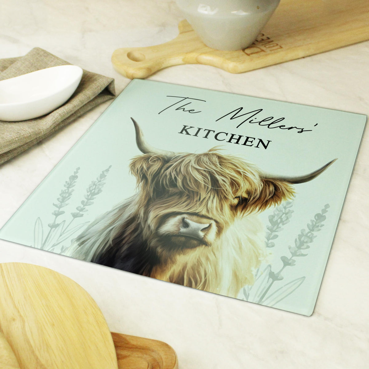 Personalised Highland Cow Glass Chopping Board – alternative view