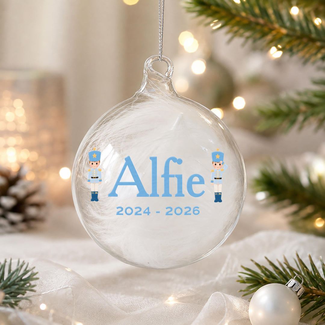 Personalised Nutcracker White Feather Glass Bauble, The Personal Shop, personalised gifts