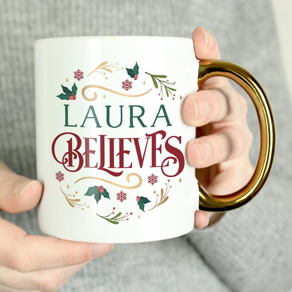 Personalised Believes In Christmas Gold Handled Mug – alternative view