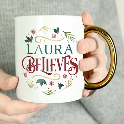 Personalised Believes In Christmas Gold Handled Mug