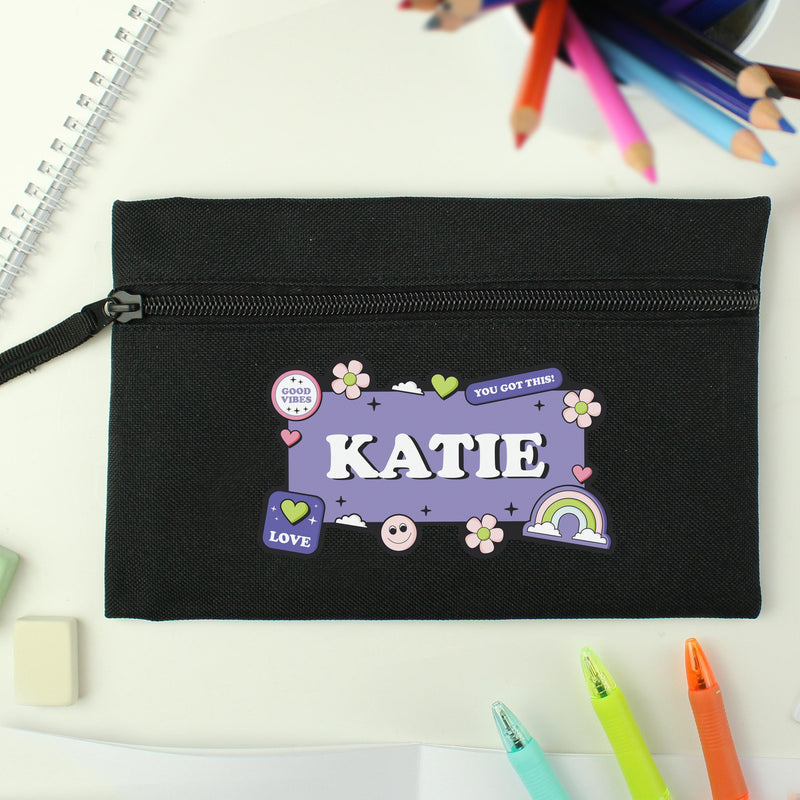 Personalised Good Vibes Black Pencil Case