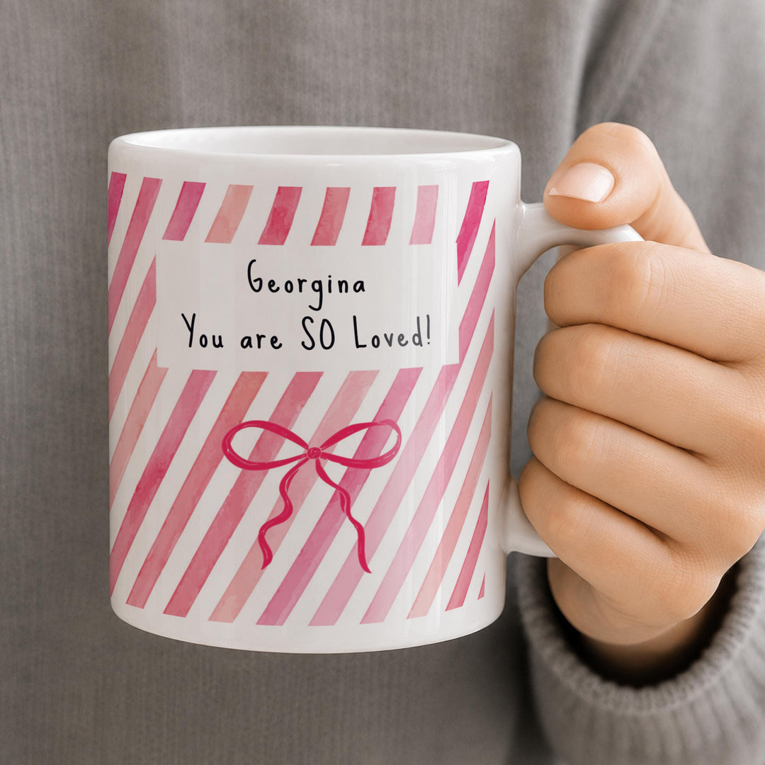 Personalised Striped Bow Mug, The Personal Shop, personalised gifts