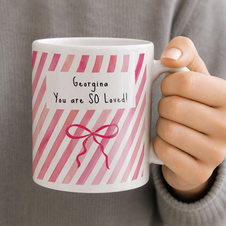 Personalised Striped Bow Mug, The Personal Shop, personalised gifts