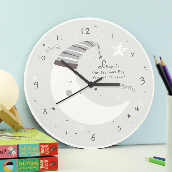 Personalised Moon Wooden Nursery Clock – alternative view