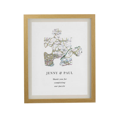 Personalised Present Day Map Puzzle Piece Oak Poster Frame