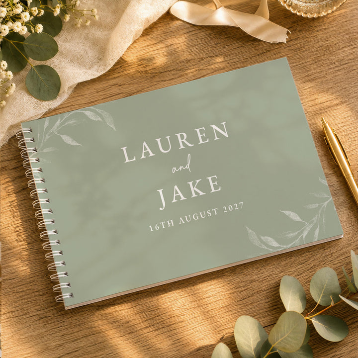 Personalised Botanical Sage Green Wedding Guest Book, The Personal Shop, personalised gifts