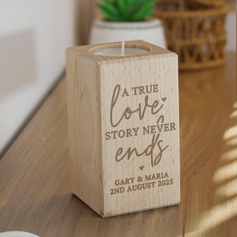 Personalised Love Story Wooden Tealight Holder