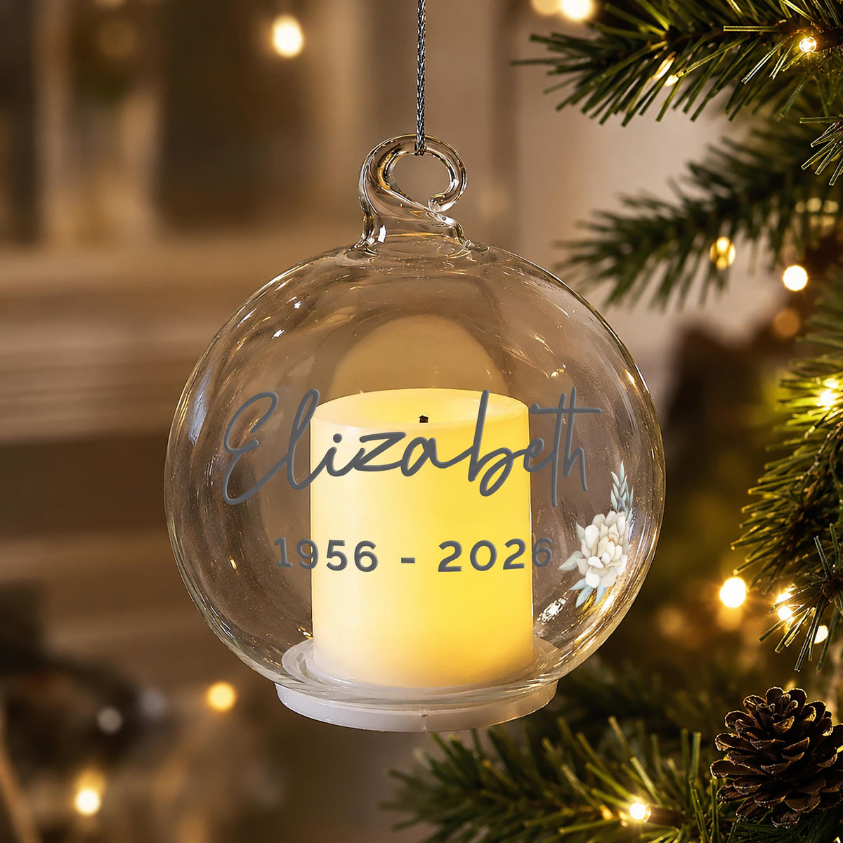 Personalised Floral Memorial LED Candle Glass Bauble, The Personal Shop, personalised gifts