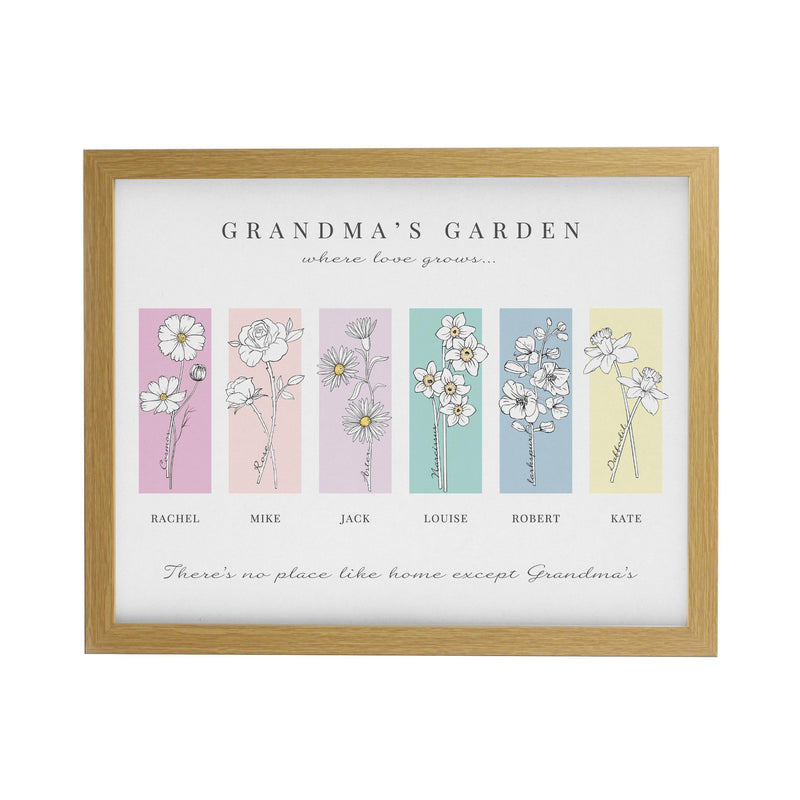 Personalised Birth Flower Family of 6 Oak Framed Print