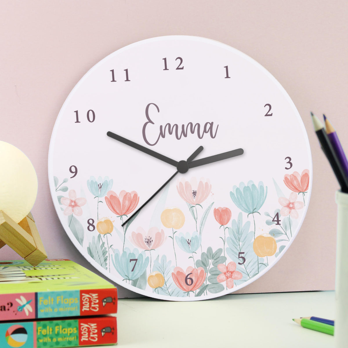 Personalised Floral Wooden Childrens Clock – alternative view