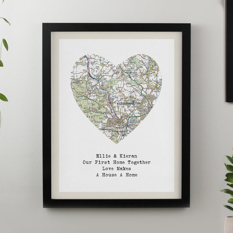 Personalised Present Day Map Heart Black Poster Frame