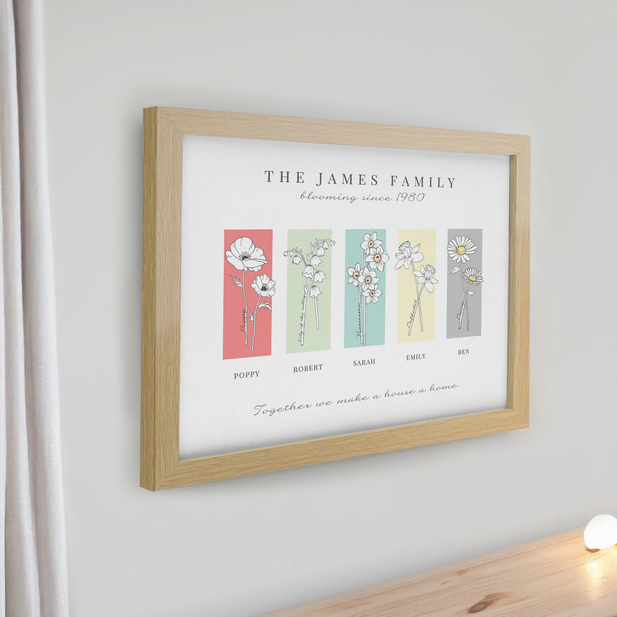 Personalised Birth Flower Family of 5 Oak Framed Print – alternative view