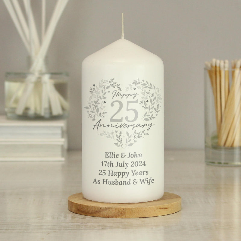 Personalised 25th Silver Wedding Anniversary Pillar Candle