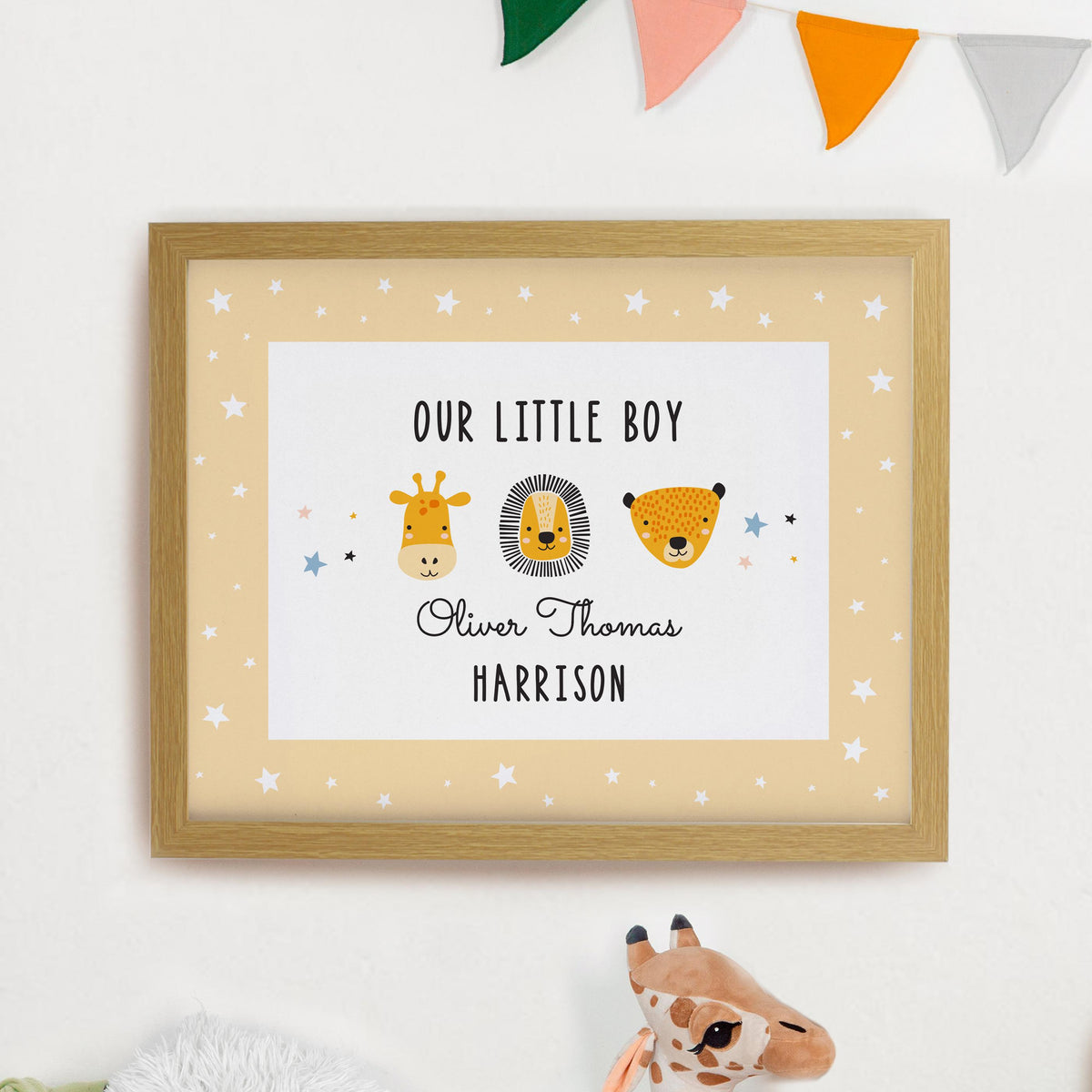 Personalised Safari Animals Oak Poster Frame, The Personal Shop, personalised gifts