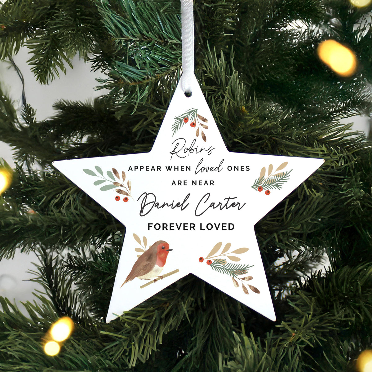Personalised Robin Memorial Star Ornament – alternative view