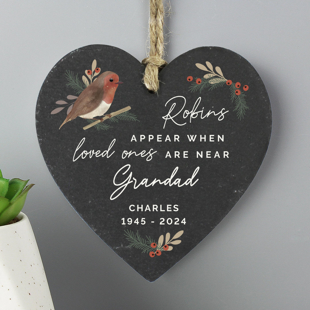 Personalised Memorial Robins Appear Slate Heart – alternative view