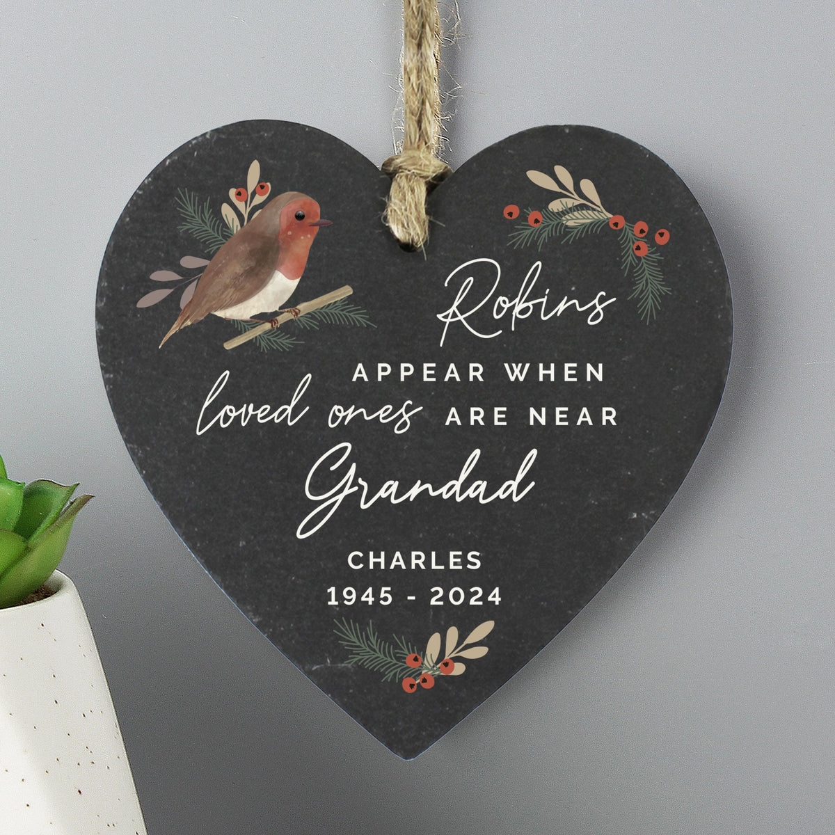 Personalised Memorial Robins Appear Slate Heart – alternative view