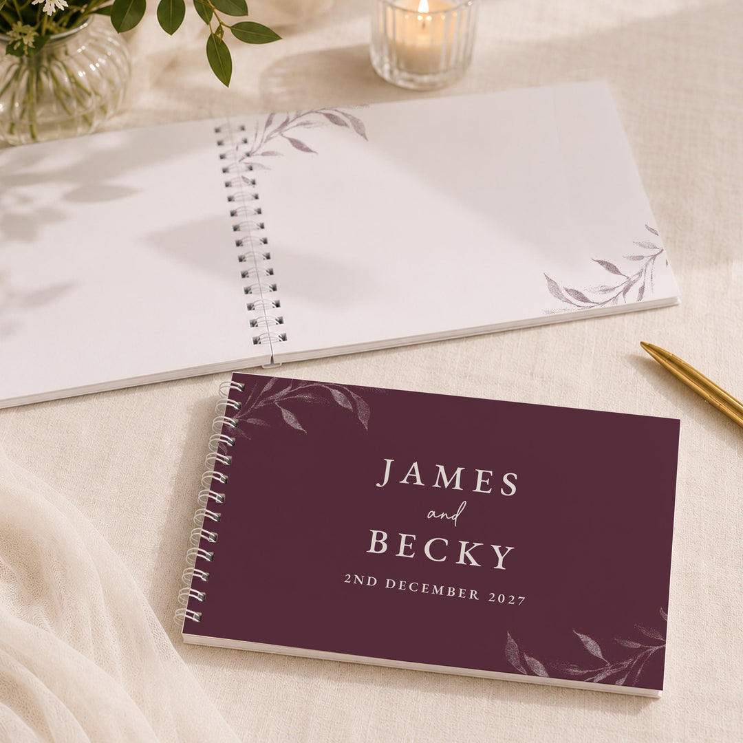 Personalised Botanical Plum Wedding Guest Book, The Personal Shop, personalised gifts