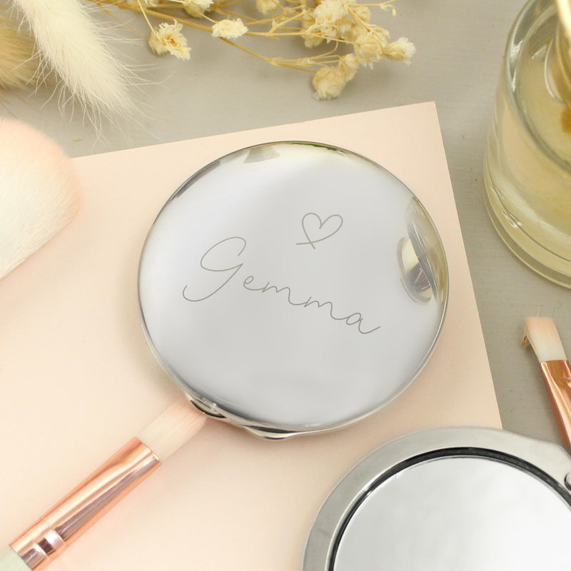 Personalised Silver Heart Motif Round Compact mirror