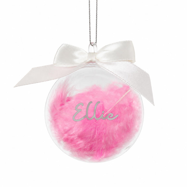 Personalised Glass Bauble with Pink Feather &amp; Name Ribbon, The Personal Shop, personalised gifts