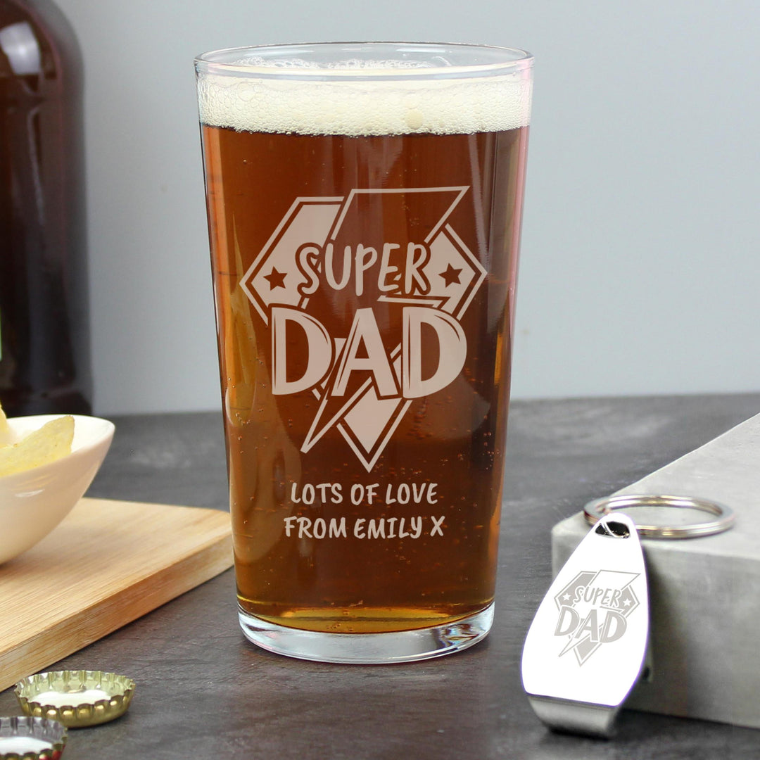 Personalised Super Dad Pint Glass &amp; Bottle Opener