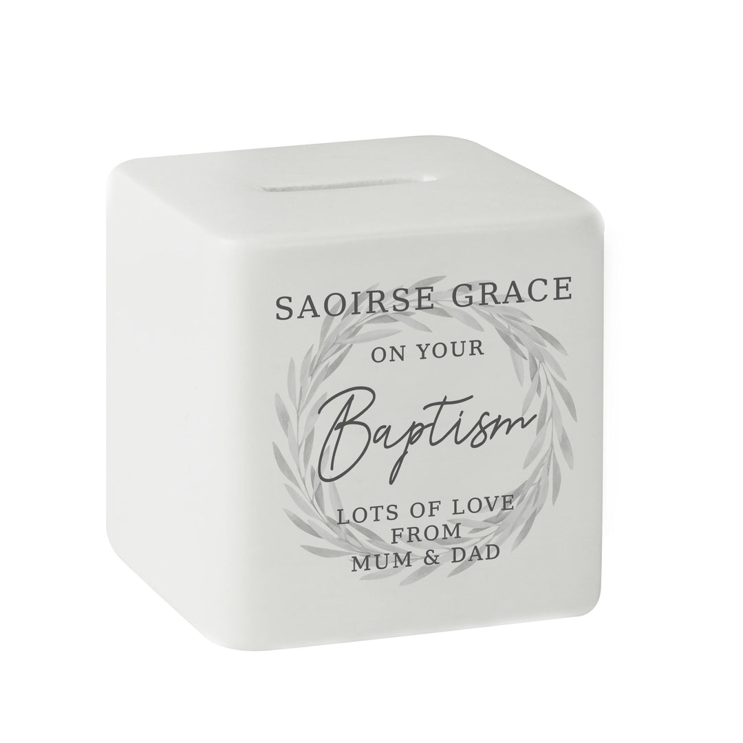 Personalised Wreath Ceramic Square Money Box – alternative view