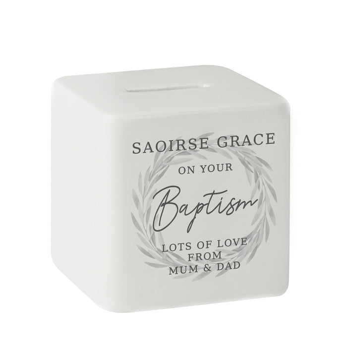 Personalised Wreath Ceramic Square Money Box – alternative view
