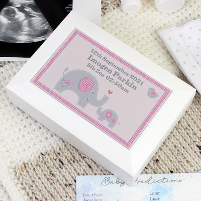 Personalised Pink Baby Elephant White Wooden Keepsake Box