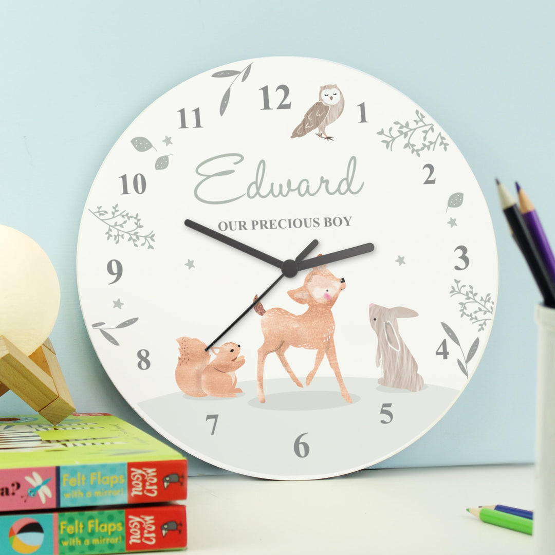 Personalised Woodland Animals Wooden Nursery Clock – alternative view