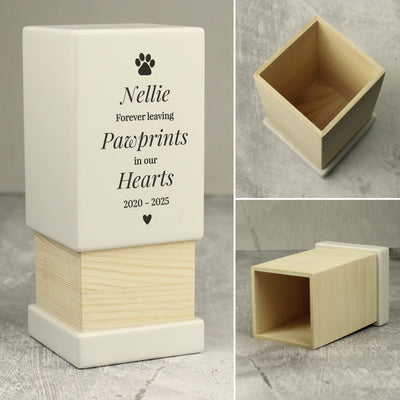 Personalised Pet Pawprints Small Wooden Urn