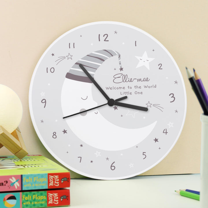 Personalised Moon Wooden Nursery Clock – alternative view