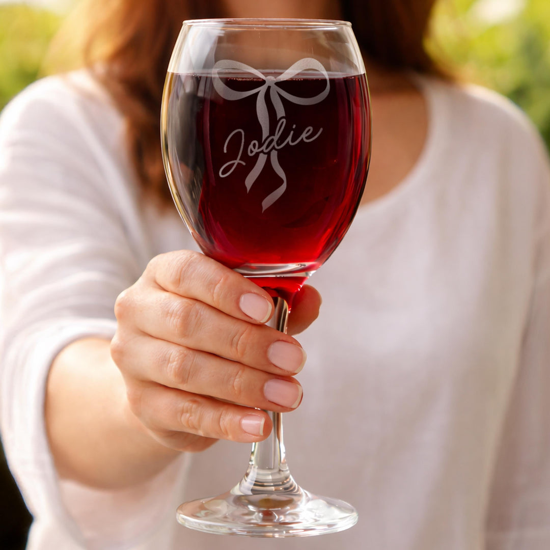 Personalised Bow Wine Glass, The Personal Shop, personalised gifts