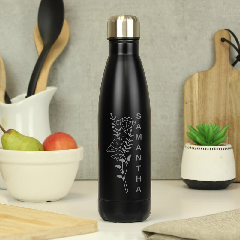 Personalised Floral Black Metal Insulated Drinks Bottle