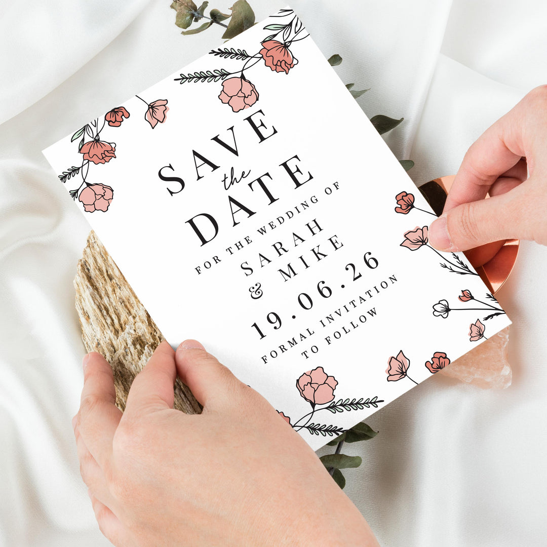 Personalised Pink Floral Set of 36 Wedding Save the Dates – alternative view