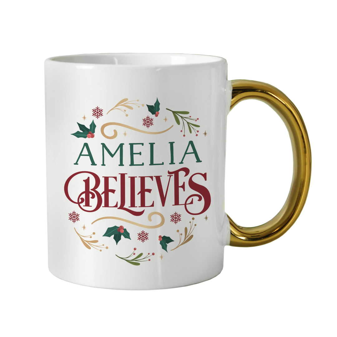 Personalised Believes In Christmas Gold Handled Mug – alternative view