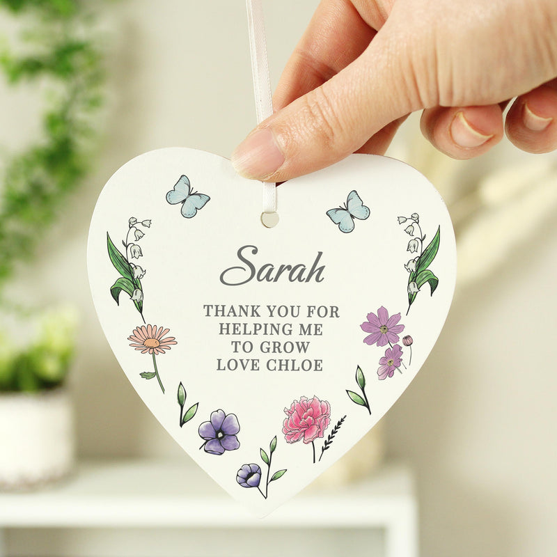 Personalised Wild Flowers Wooden Heart