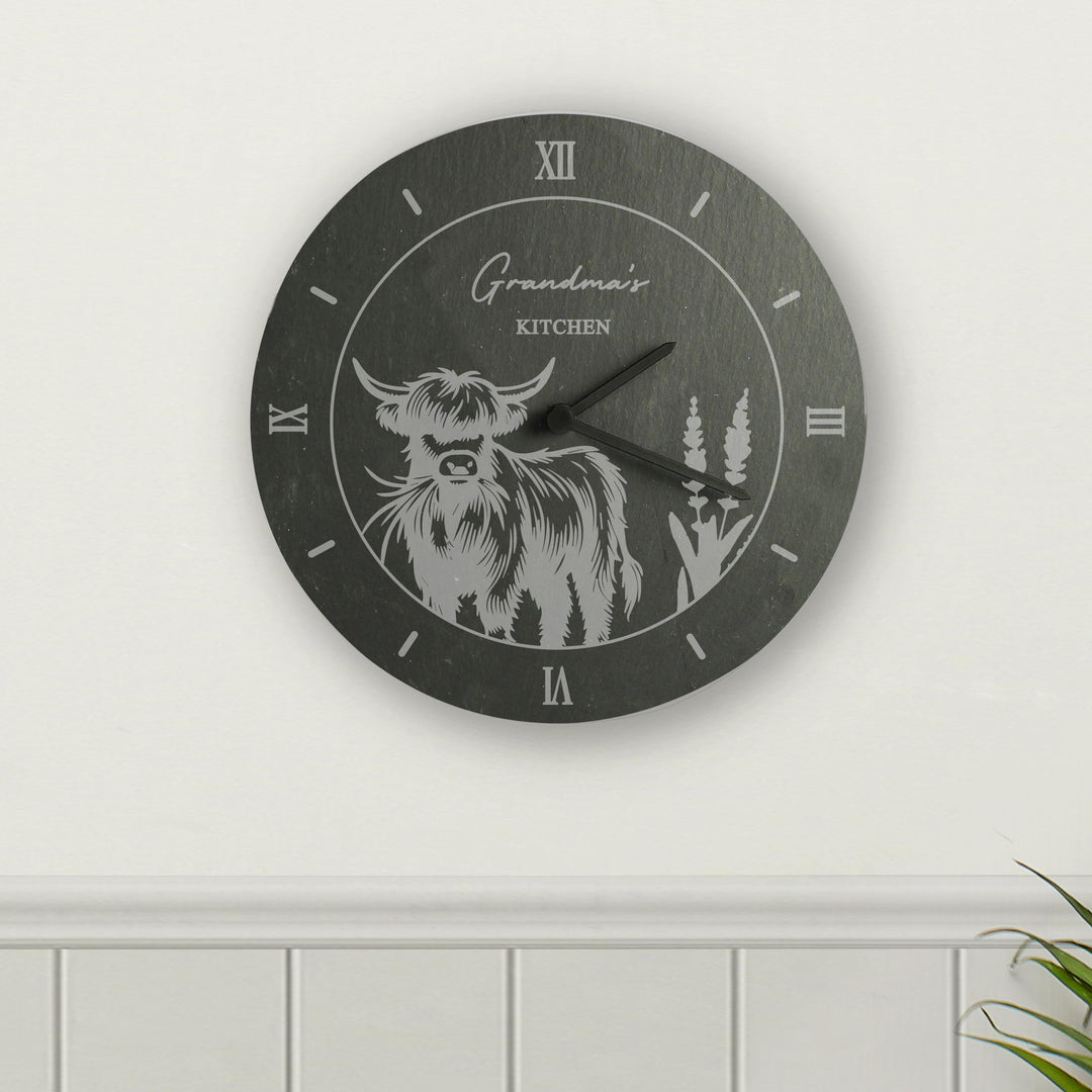 Personalised Highland Cow Slate Clock – alternative view