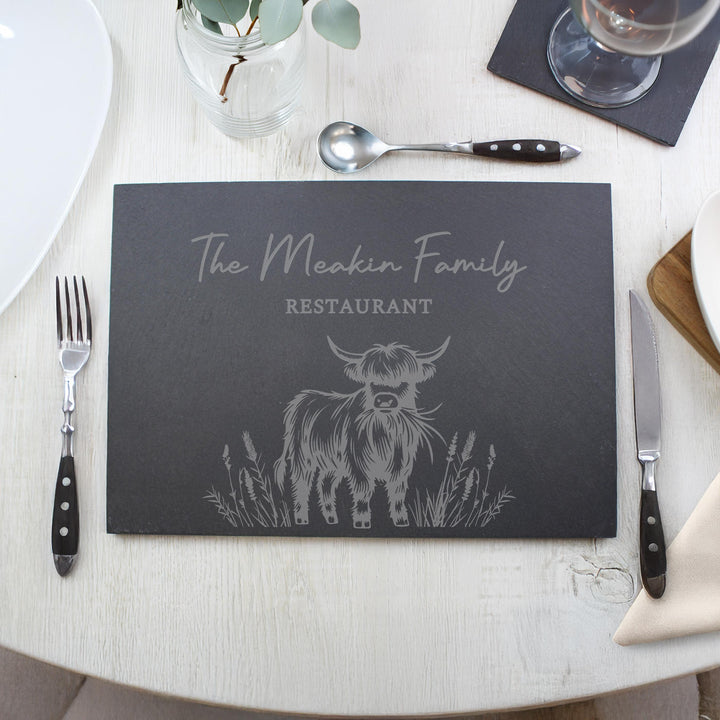 Personalised Highland Cow Slate Placemat, The Personal Shop, personalised gifts