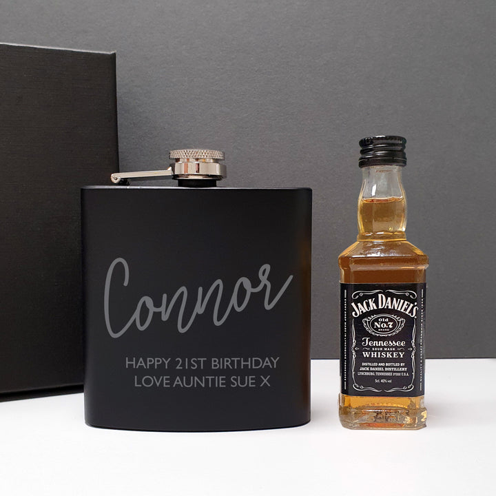 Personalised Hipflask and Whiskey Miniature Set