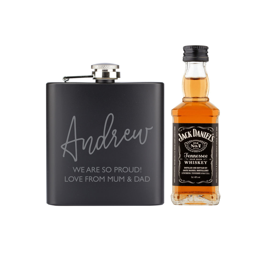 Personalised Hipflask and Whiskey Miniature Set, The Personal Shop, personalised gifts