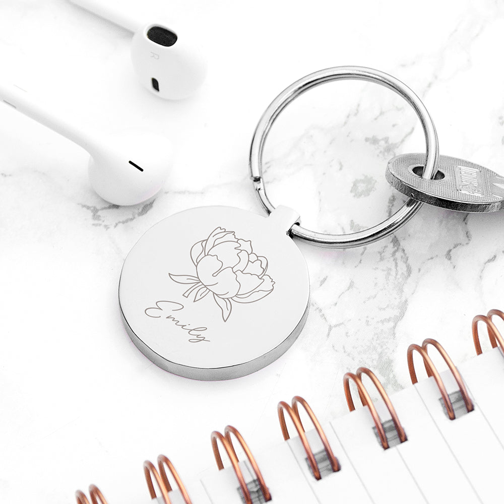Personalised Round Birth Flower Keyring