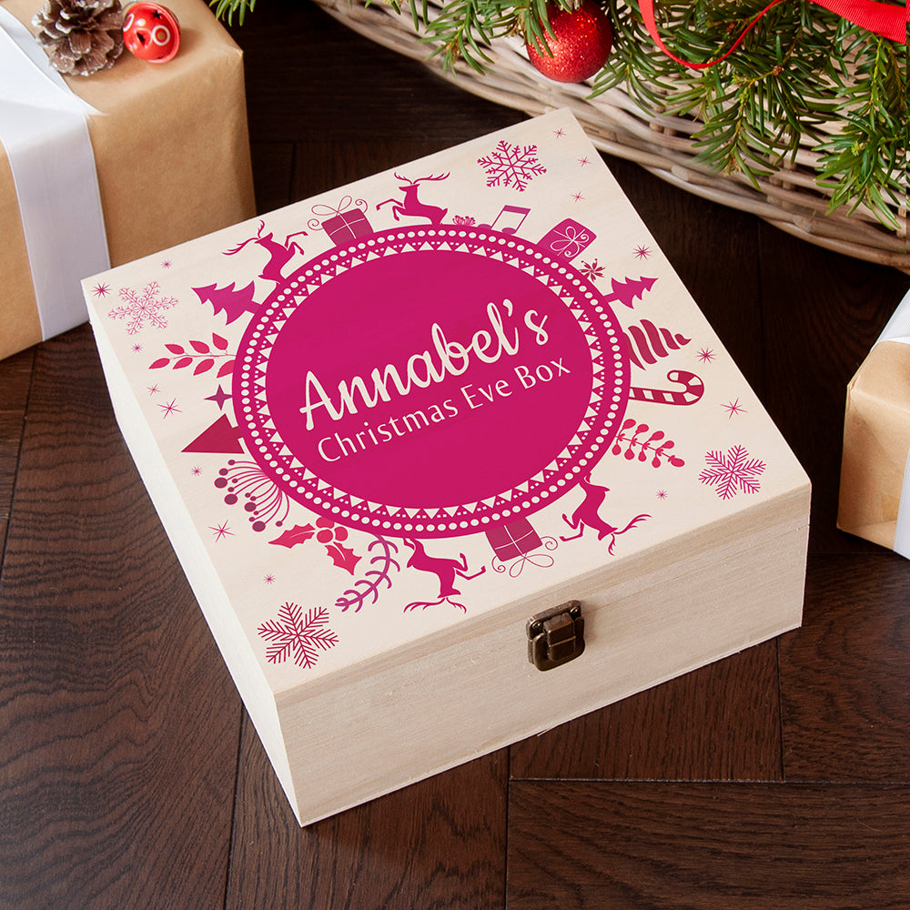 Personalised Square Christmas Eve Box With Snowflake Wreath PINK - Medium, The Personal Shop, personalised gifts