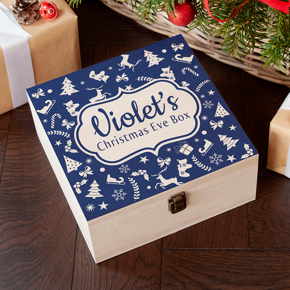 Personalised Festive Pattern Square Christmas Eve Box BLUE - Medium