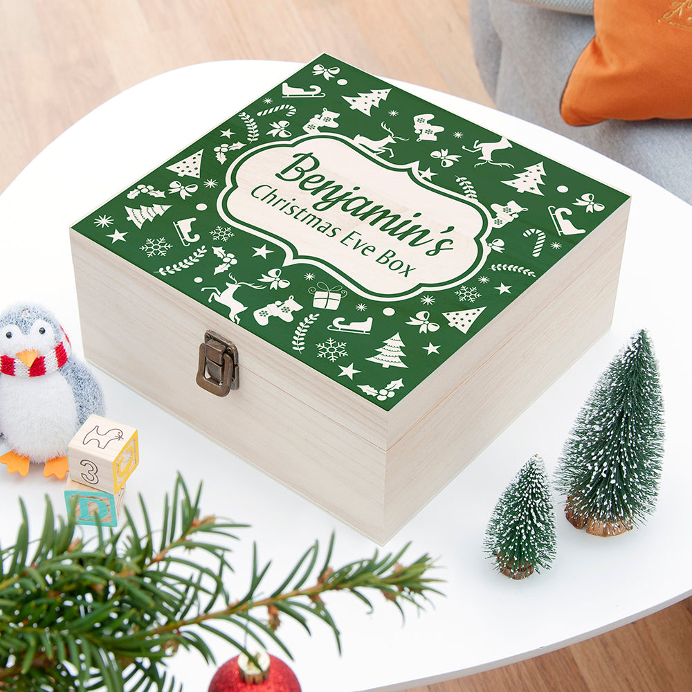 Personalised Festive Pattern Square Christmas Eve Box GREEN - Medium